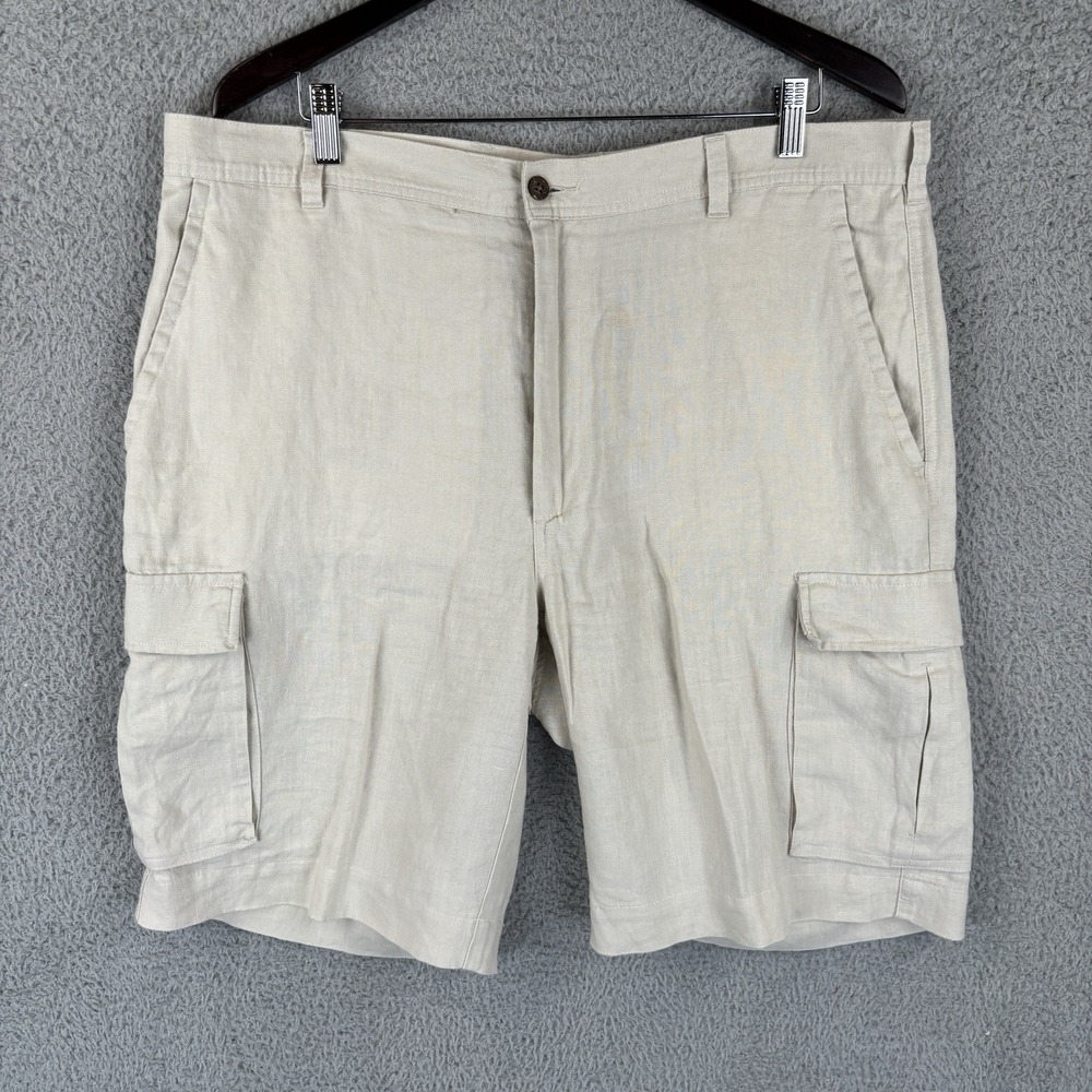 Jos A Bank Shorts Mens 40 Beige 100% Linen Cargo Flat Front Beach Casual 10"